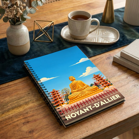 Carnet souvenir de Noyant-d'Allier avec une illustration stylisée représentant sa pagode et son grand Bouddha doré.