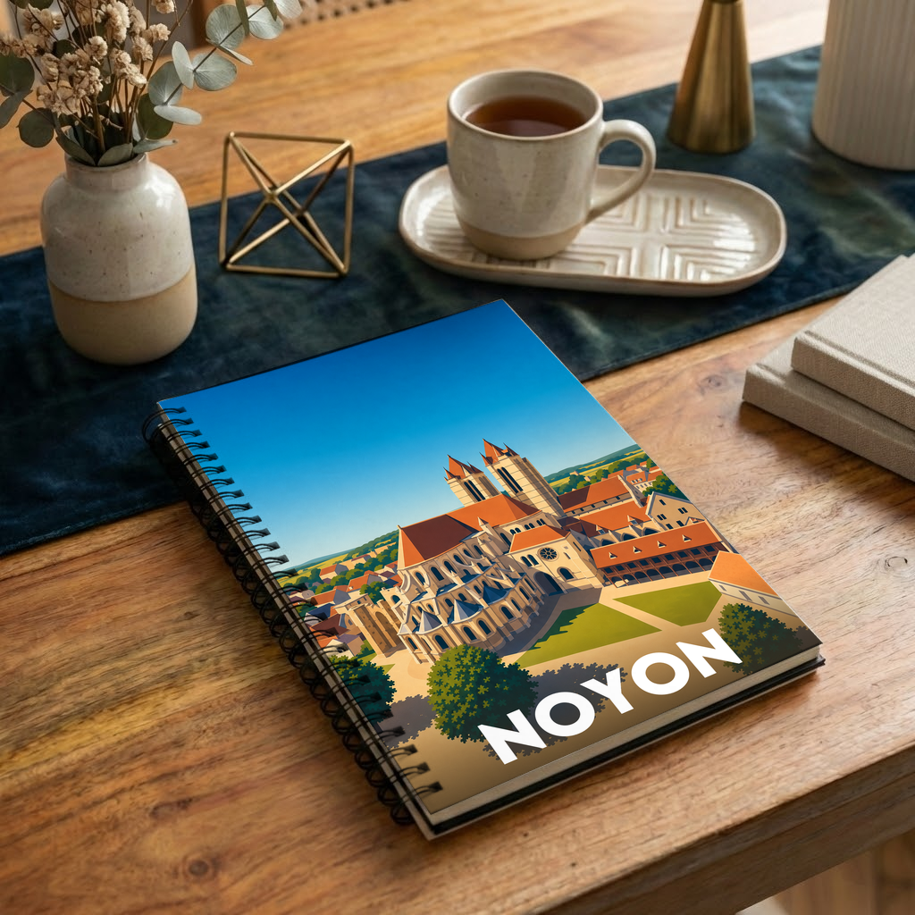 Carnet souvenir de la ville de Noyon avec une illustration stylisée.
