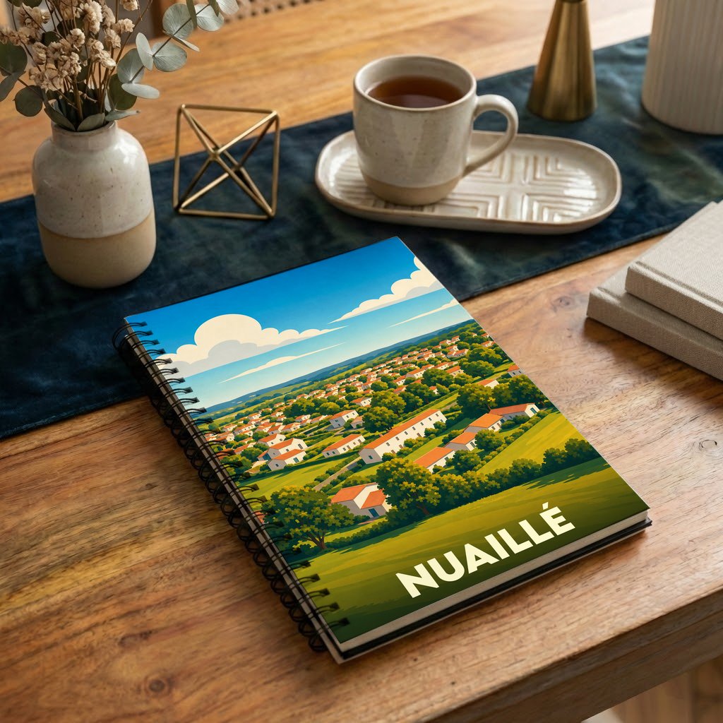 Carnet à spirales souvenir de la ville de Nuaillé avec une illustration paysagère stylisée.