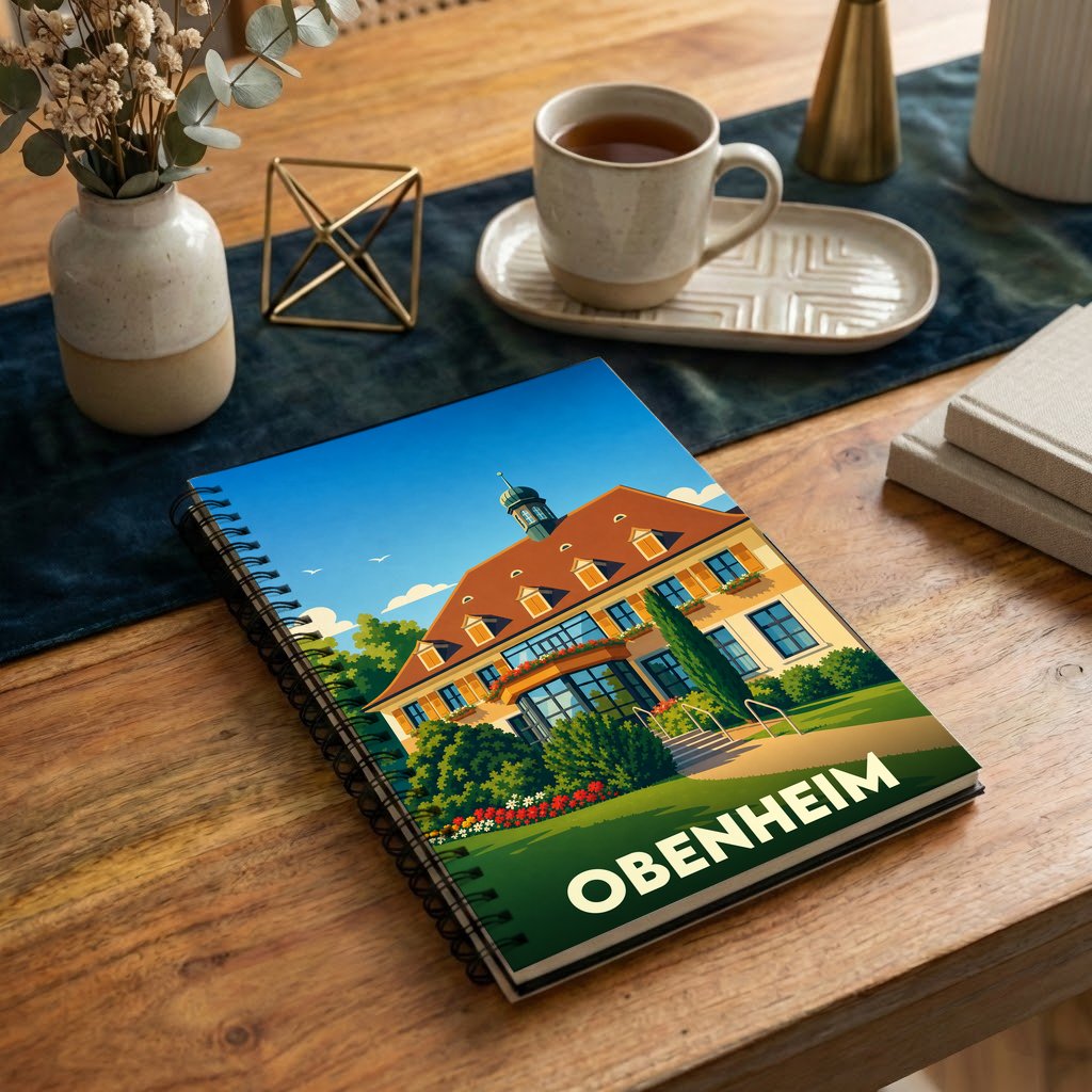 Carnet à spirale souvenir de la ville de Obenheim avec une illustration stylisée d'un bâtiment historique.