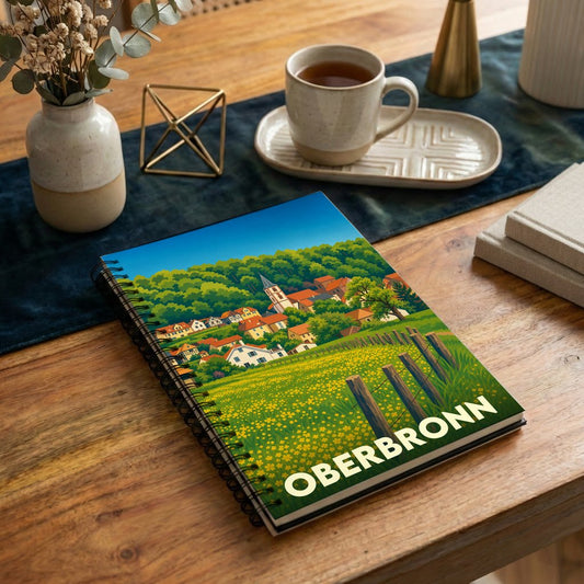 Carnet de notes souvenir de la ville d'Oberbronn avec une illustration stylisée de son paysage alsacien.