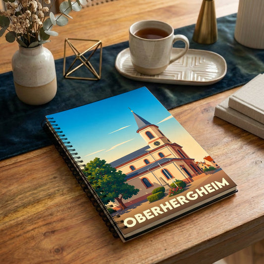 Carnet souvenir de la ville d'Oberhergheim illustré d'une vue stylisée de son église.