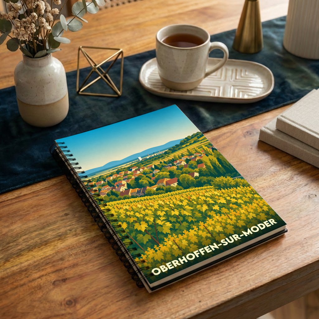 Carnet souvenir de la ville d'Oberhoffen-sur-Moder illustré d'un paysage de vignobles et de maisons colorées.