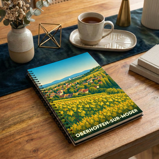 Carnet souvenir de la ville d'Oberhoffen-sur-Moder illustré d'un paysage de vignobles et de maisons colorées.