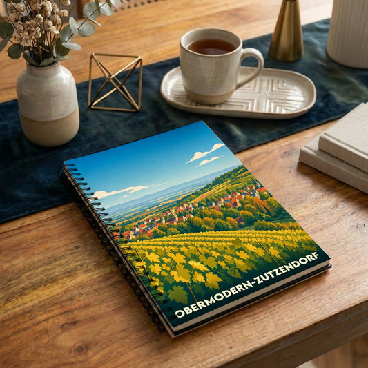 Carnet à spirales souvenir de la ville d'Obermodern-Zutzendorf avec une illustration stylisée de ses paysages et vignobles.