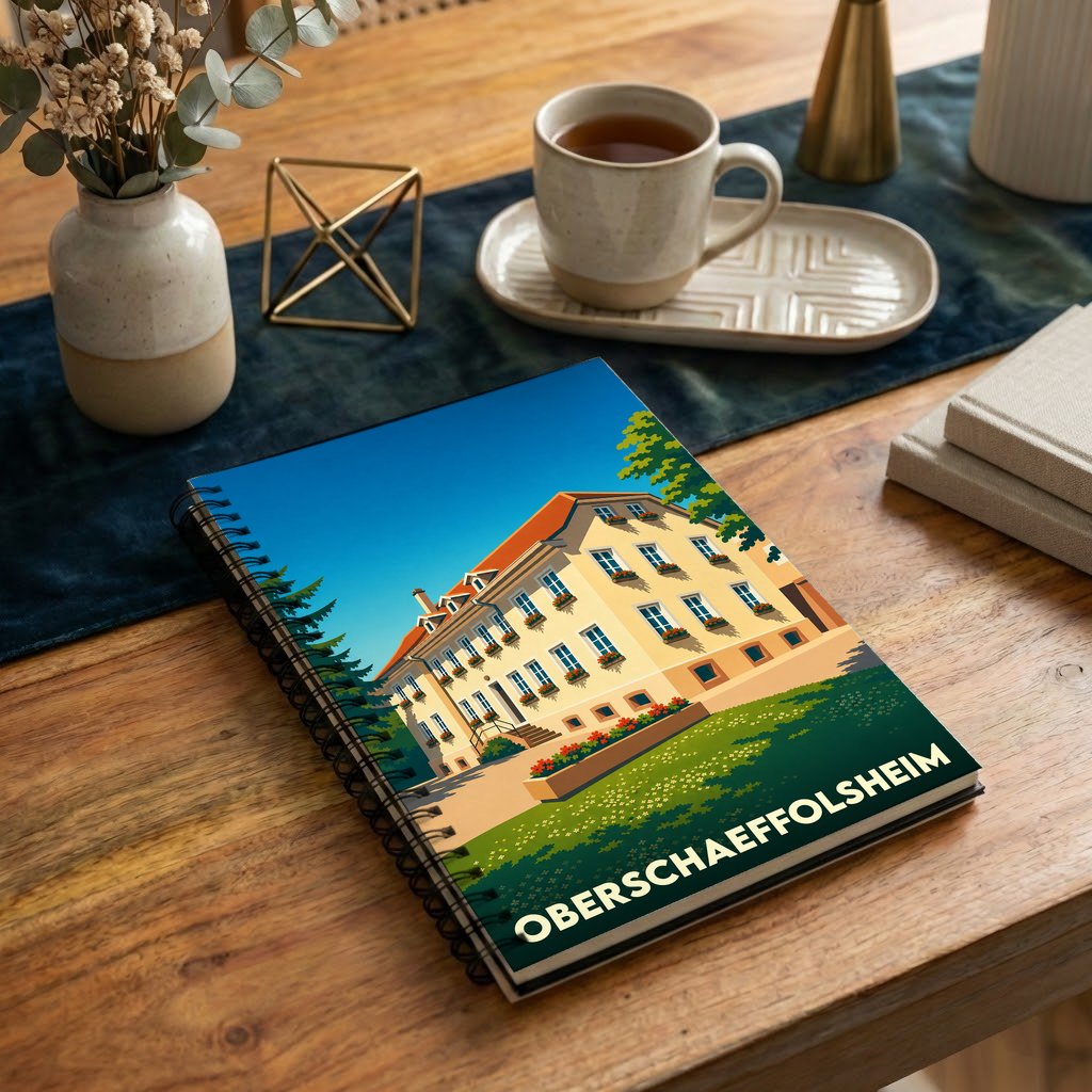 Carnet de notes à spirales souvenir de la ville d'Oberschaeffolsheim avec une illustration stylisée d'un bâtiment historique.