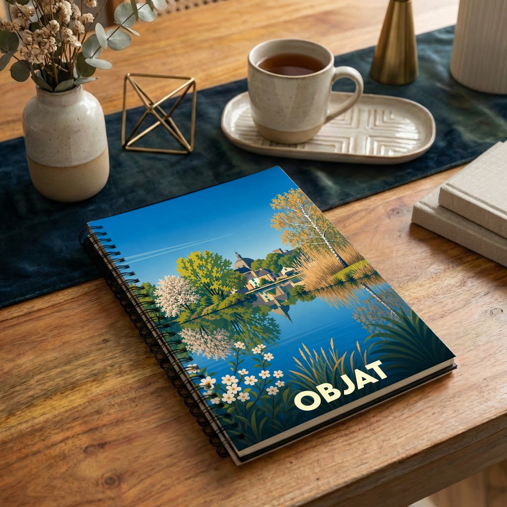 Carnet souvenir de la ville d'Objat avec une illustration stylisée d'un paysage lacustre.