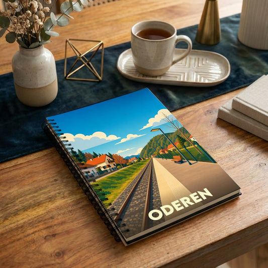 Carnet souvenir de la ville d'Oderen avec une illustration stylisée d'une gare de montagne.