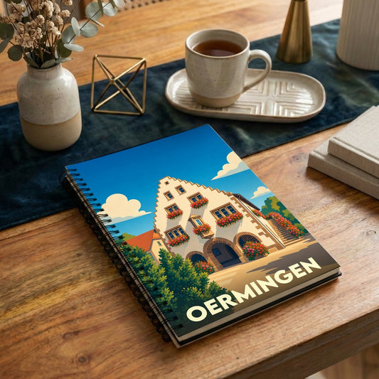Carnet souvenir de la ville de Oermingen avec une illustration stylisée d'une maison traditionnelle alsacienne.