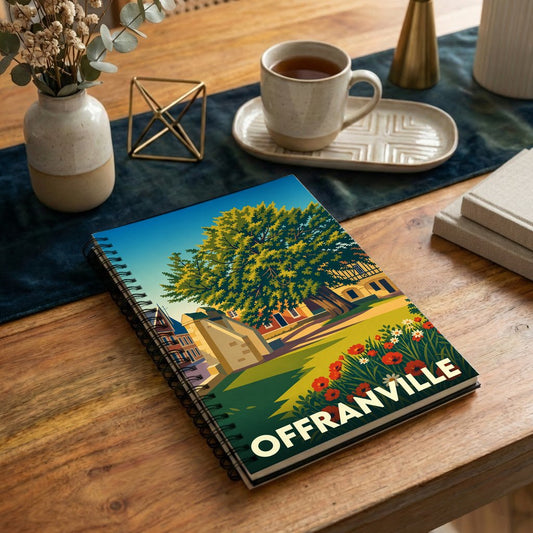 Carnet souvenir de la ville d'Offranville avec une illustration stylisée et colorée.