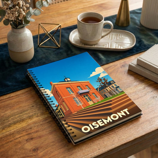 Carnet souvenir de la ville de Oisemont avec une illustration stylisée et colorée de son architecture.