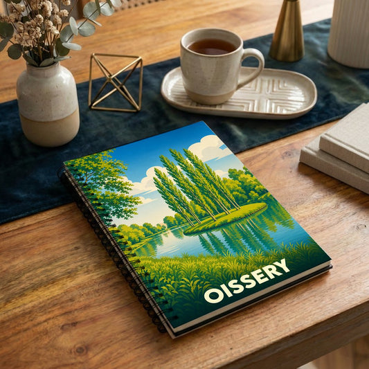 Carnet à spirales souvenir de la ville de Oissery avec une illustration stylisée d'un paysage naturel.