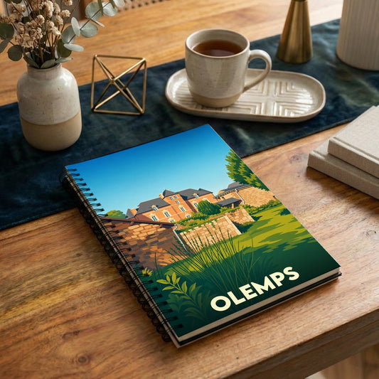 Carnet à spirales souvenir de la ville d'Olemps avec une illustration stylisée d'un château.