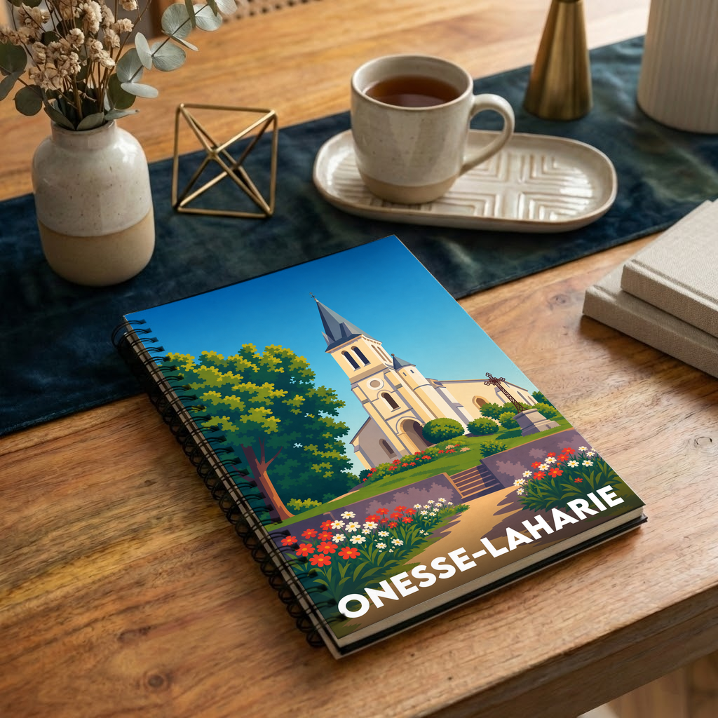 Carnet souvenir de la ville d'Onesse-Laharie avec une illustration stylisée.
