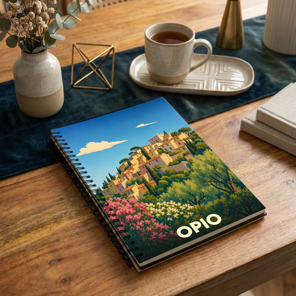 Carnet à spirales souvenir de la ville de Opio avec une illustration stylisée de son village perché.