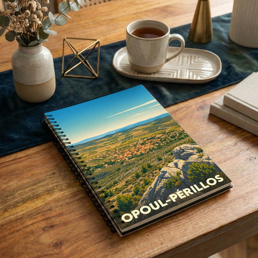 Carnet à spirales souvenir de la ville d'Opoul-Périllos illustré par un paysage panoramique stylisé.