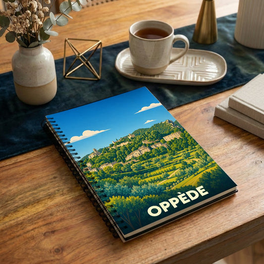 Carnet de notes à spirales avec une illustration stylisée de la ville d'Oppède.
