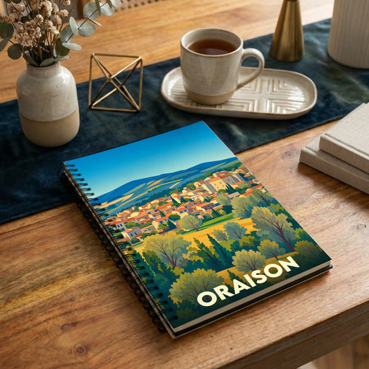 Carnet de notes souvenir de la ville d'Oraison avec une illustration paysagère stylisée.