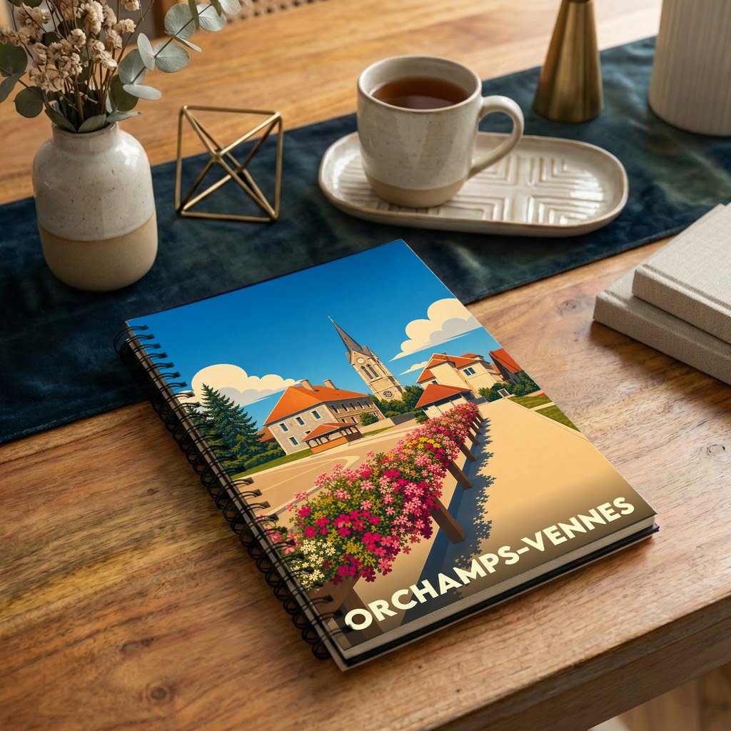 Carnet à spirales souvenir de la ville d'Orchamps-Vennes avec une illustration colorée et stylisée.