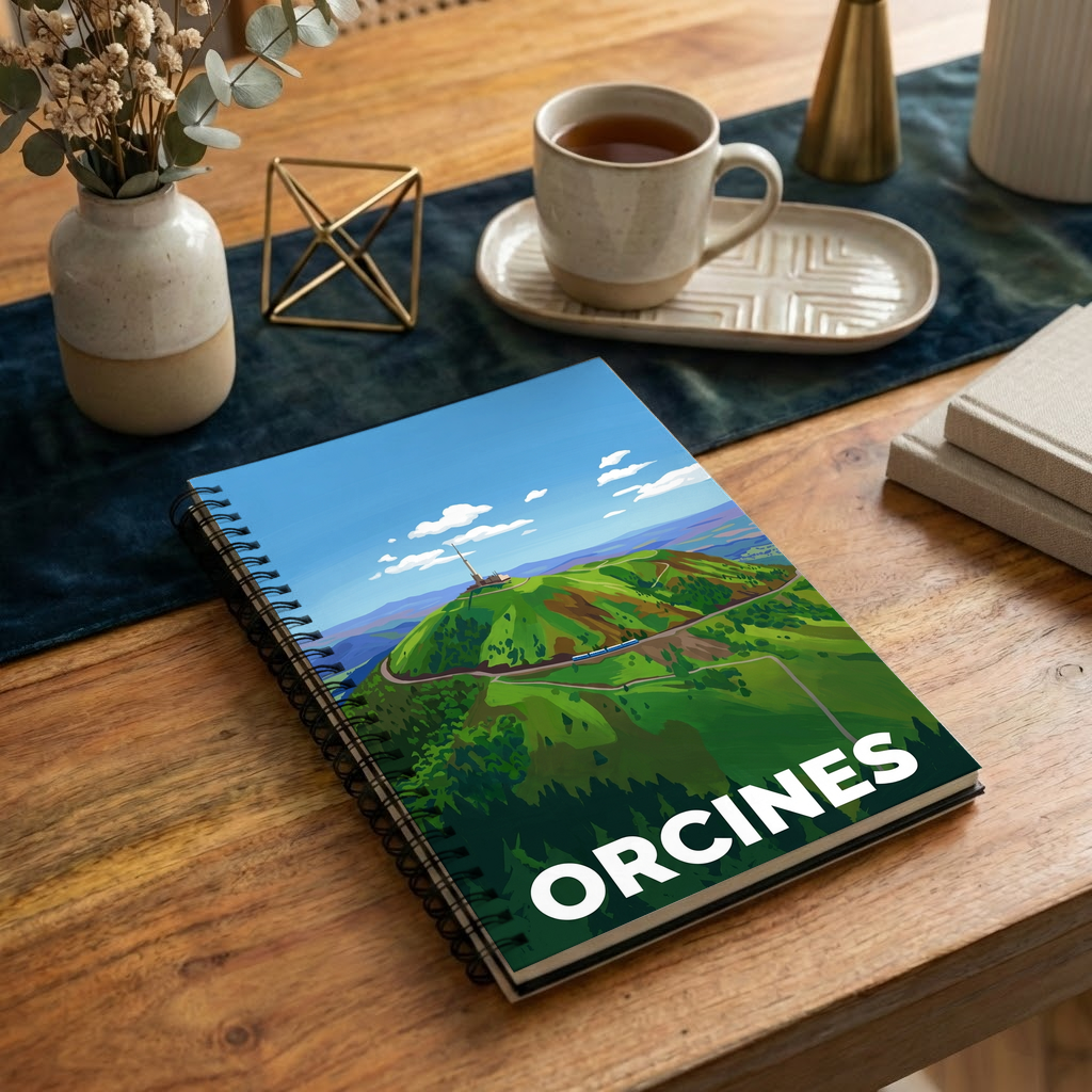 Carnet souvenir de la ville d'Orcines avec une illustration stylisée de ses paysages.