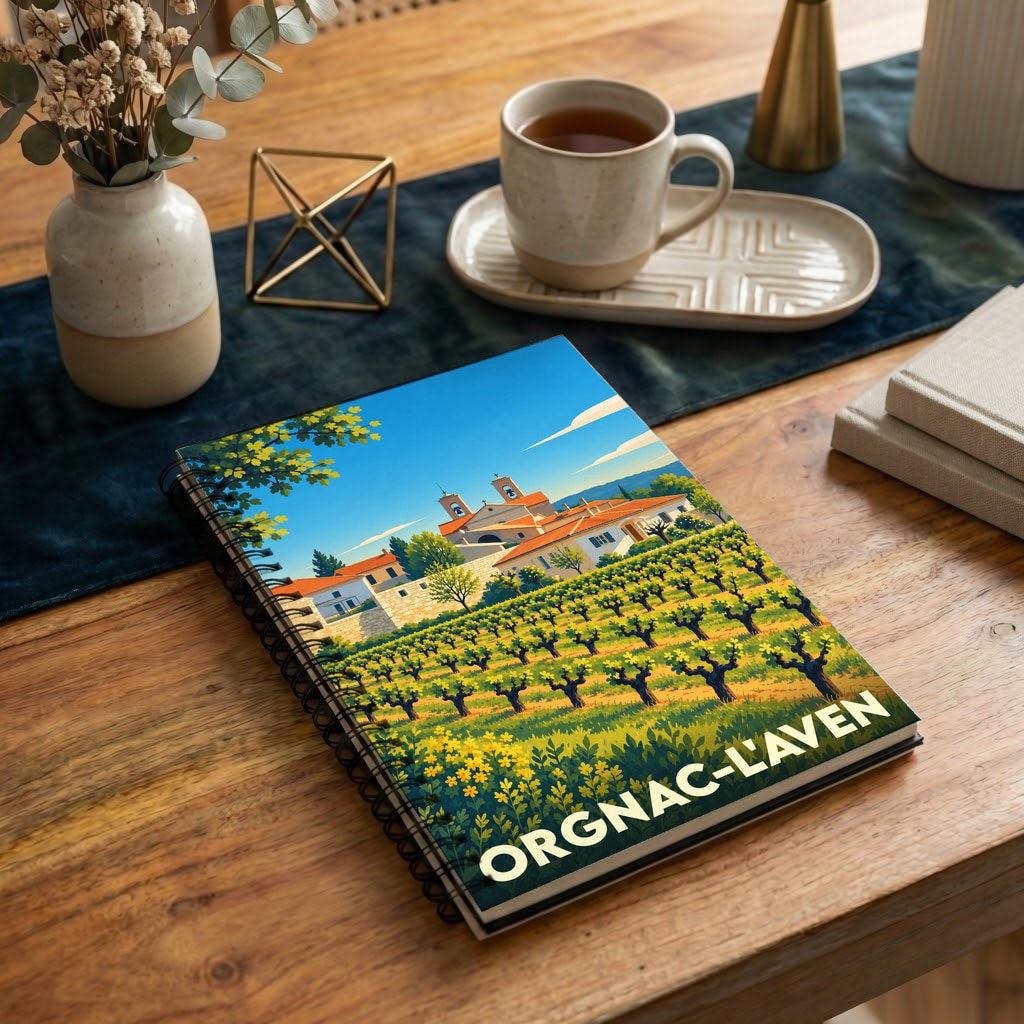 Carnet souvenir de la ville d'Orgnac-l'Aven illustré par un paysage de vignes et de village.