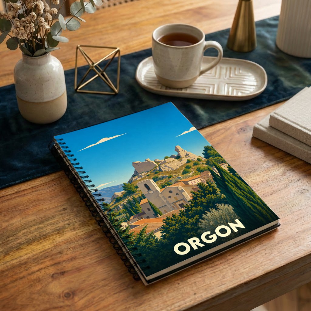 Carnet à spirales souvenir de la ville de Orgon avec une illustration stylisée de son paysage provençal.