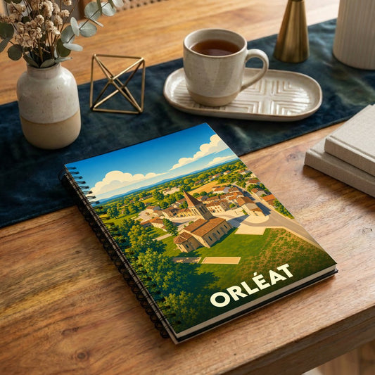 Carnet à spirales souvenir de la ville d'Orléat avec une illustration stylisée de son paysage urbain.