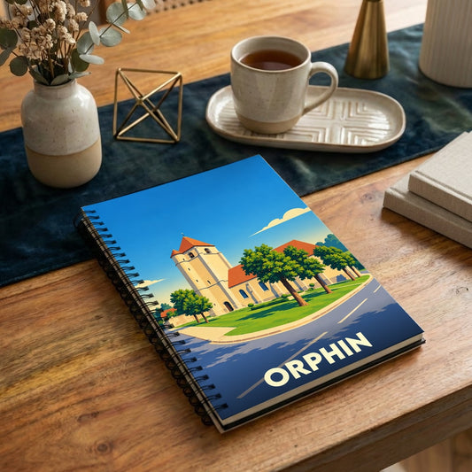 Carnet à spirales souvenir de la ville d'Orphin avec une illustration stylisée de son église.