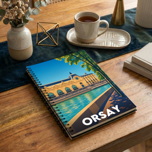 Carnet à spirales souvenir d'Orsay avec une illustration stylisée de l'ancien palais de la gare.