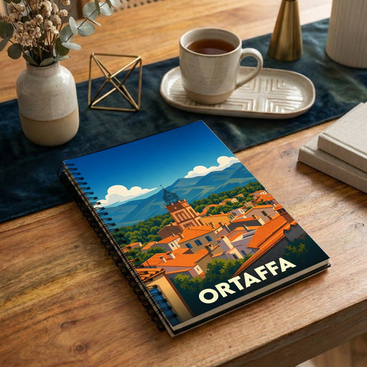 Carnet de notes souvenir de la ville d'Ortaffa illustré par un panorama stylisé aux toits orangés.