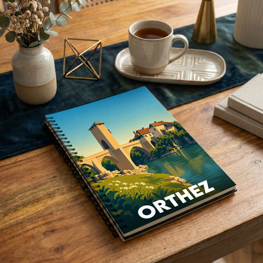 Carnet à spirales souvenir de la ville d'Orthez avec une illustration stylisée de son célèbre Pont Vieux.