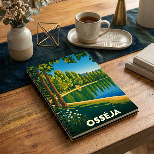 Carnet souvenir de la ville d'Osséja avec une illustration stylisée d'un lac bordé de forêt.