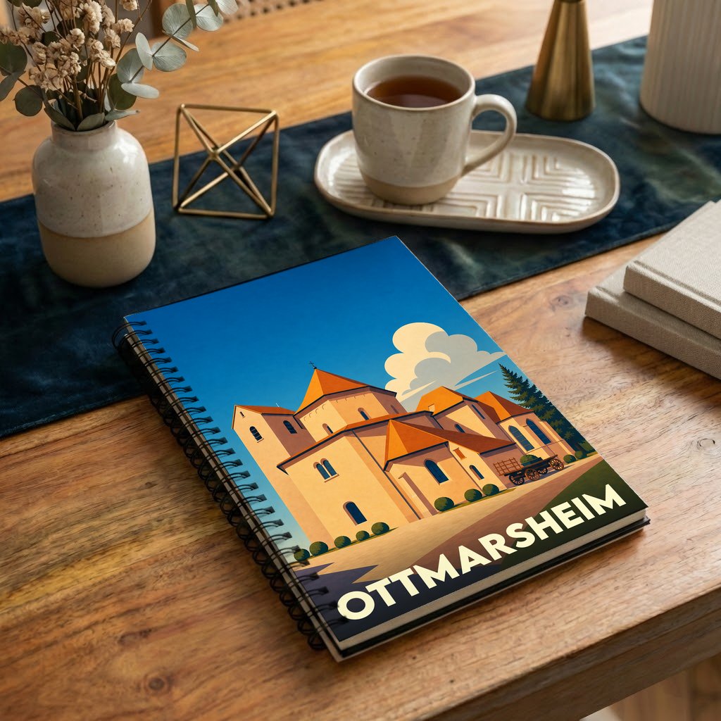 Carnet à spirales souvenir de la ville d'Ottmarsheim avec une illustration stylisée de son église abbatiale.