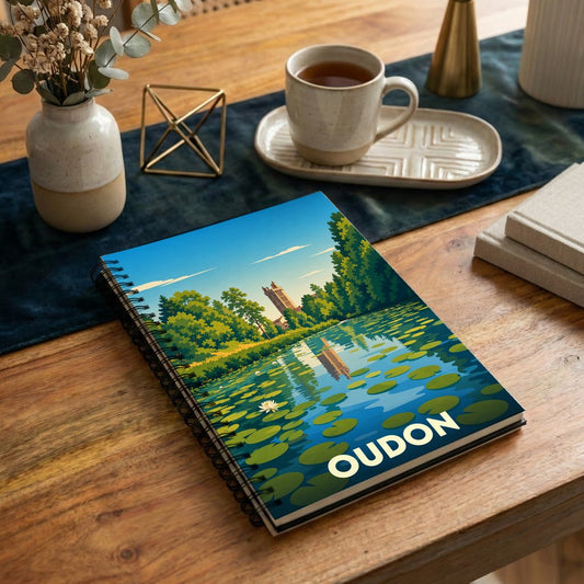 Carnet souvenir de la ville d'Oudon avec une illustration stylisée d'un étang et son château.