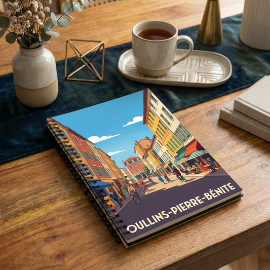 Carnet souvenir de la commune d'Oullins-Pierre-Bénite avec une illustration stylisée.