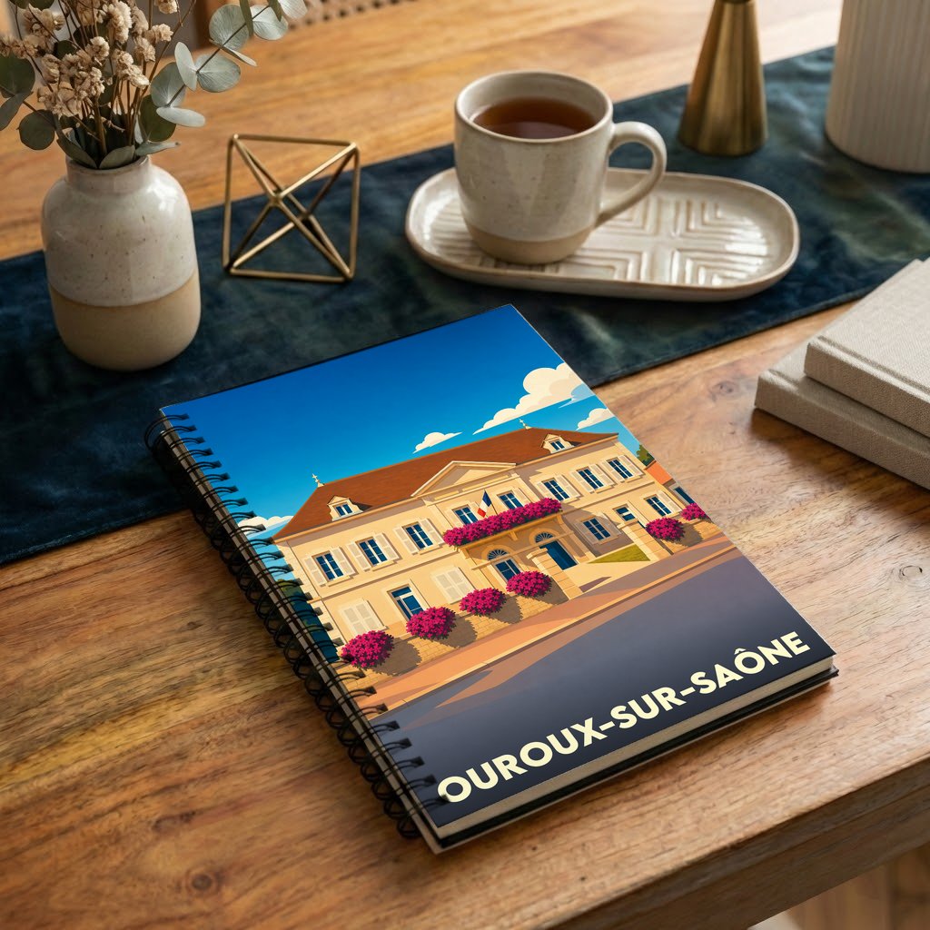 Carnet souvenir de la ville de Ouroux-sur-Saône avec une illustration stylisée de sa mairie.