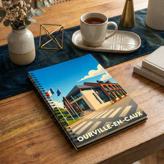 Carnet à spirales souvenir d'Ourville-en-Caux illustré par un dessin stylisé de sa mairie.