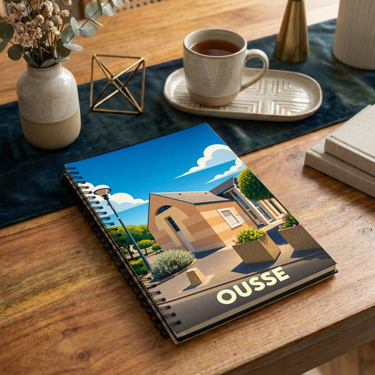 Carnet souvenir de la ville de Ousse illustré d'un paysage urbain stylisé.