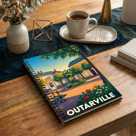 Carnet à spirales souvenir de la ville d'Outarville avec une illustration stylisée d'une place ensoleillée.