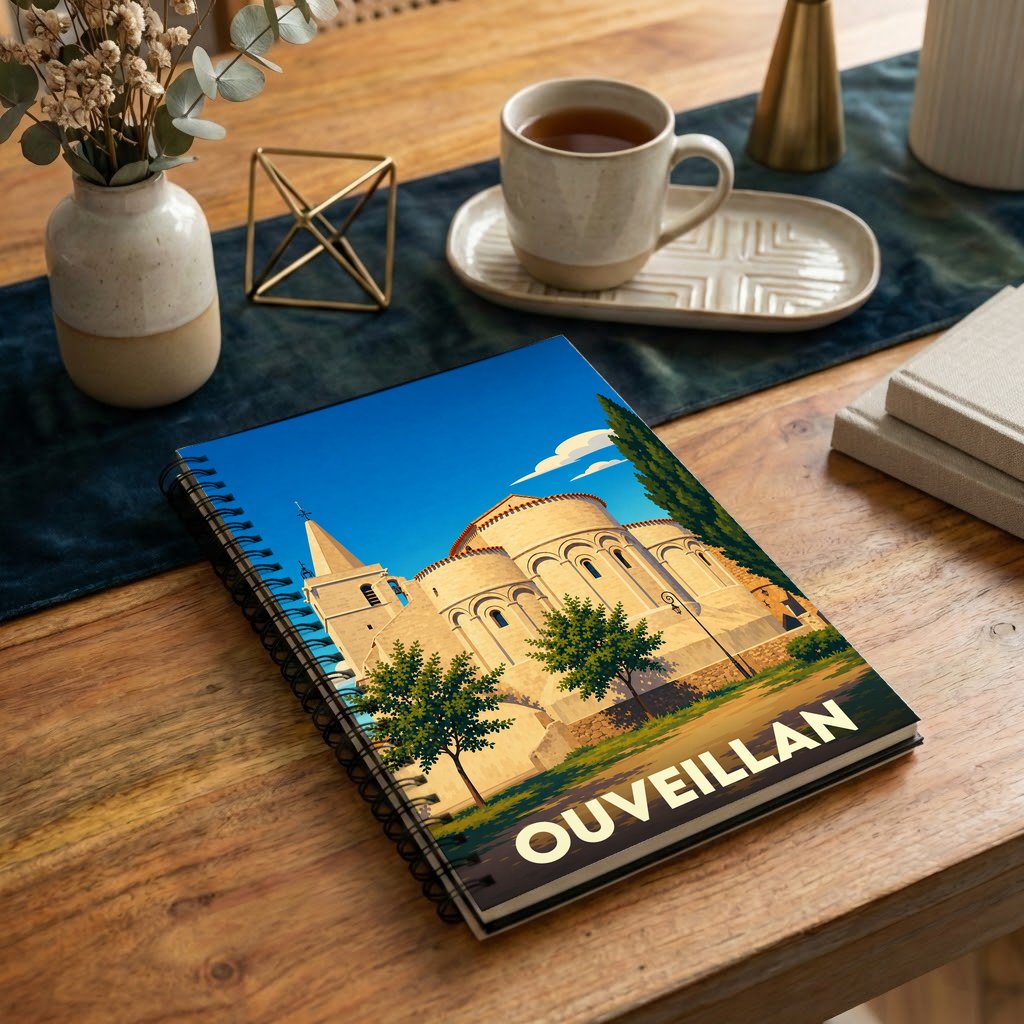 Carnet à spirales souvenir de la ville de Ouveillan avec une illustration stylisée de son église romane.
