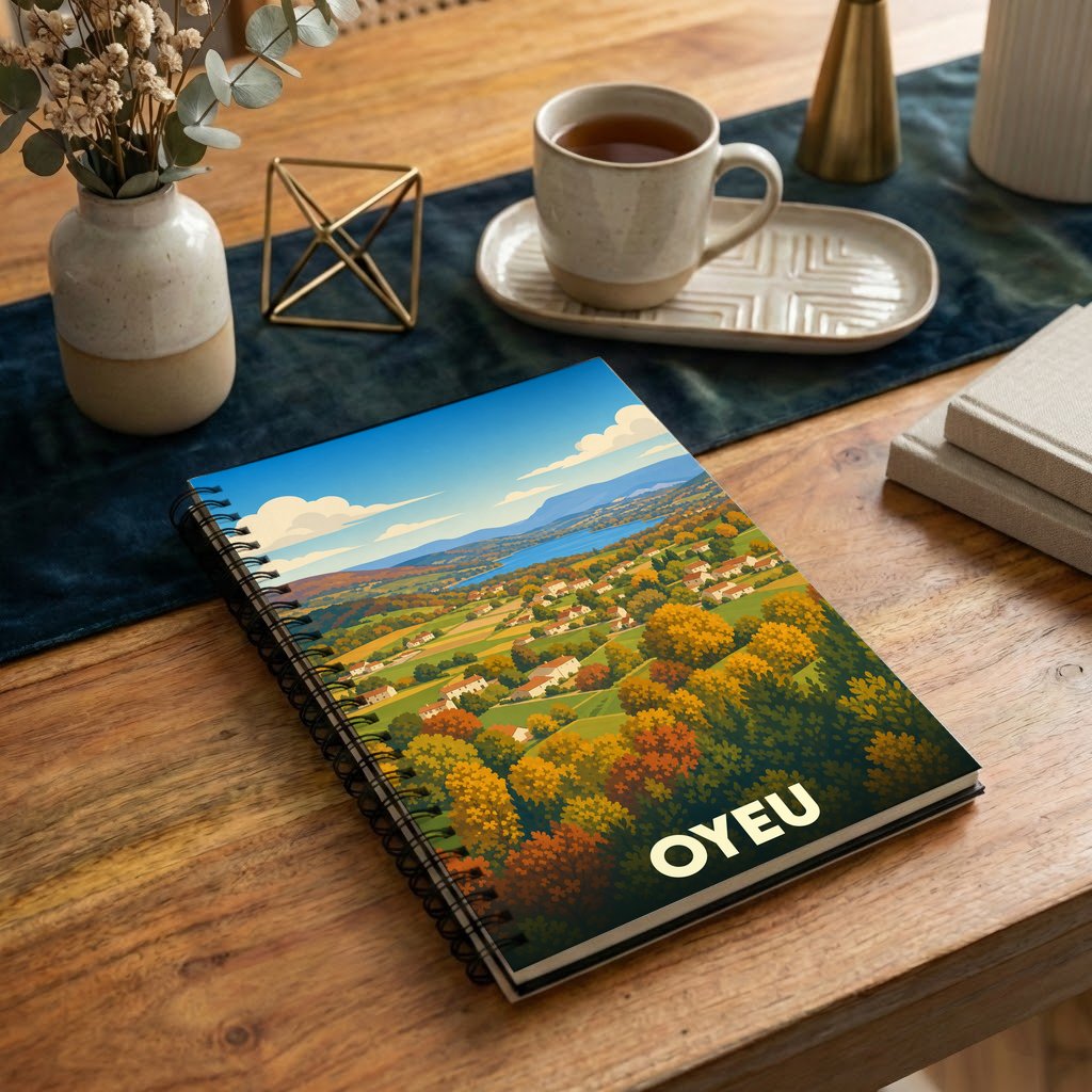 Carnet à spirales souvenir de la ville de Oyeu illustré d'un paysage automnal stylisé.