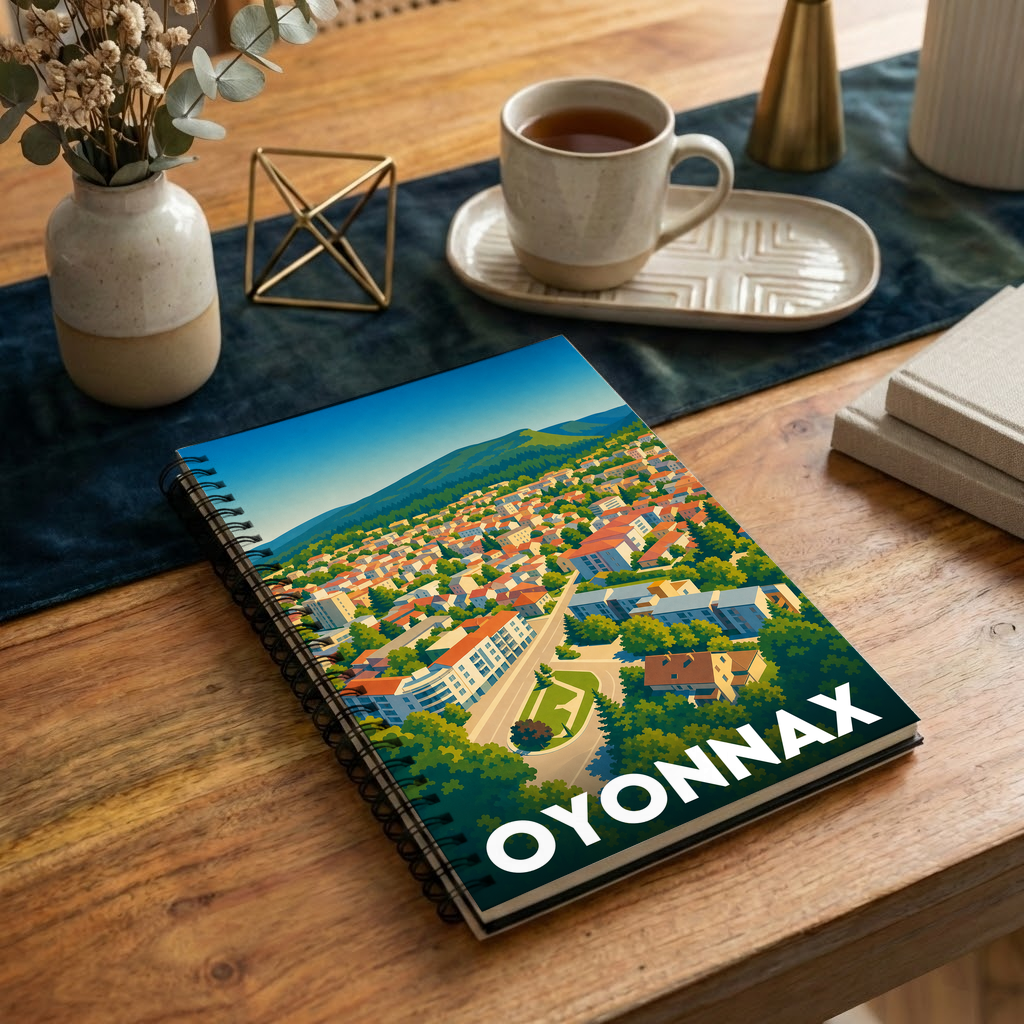 Carnet souvenir de la ville d'Oyonnax avec une illustration stylisée.
