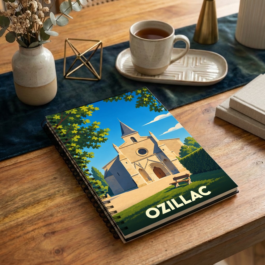 Carnet souvenir de la ville d'Ozillac avec une illustration stylisée d'une église sous un ciel bleu.