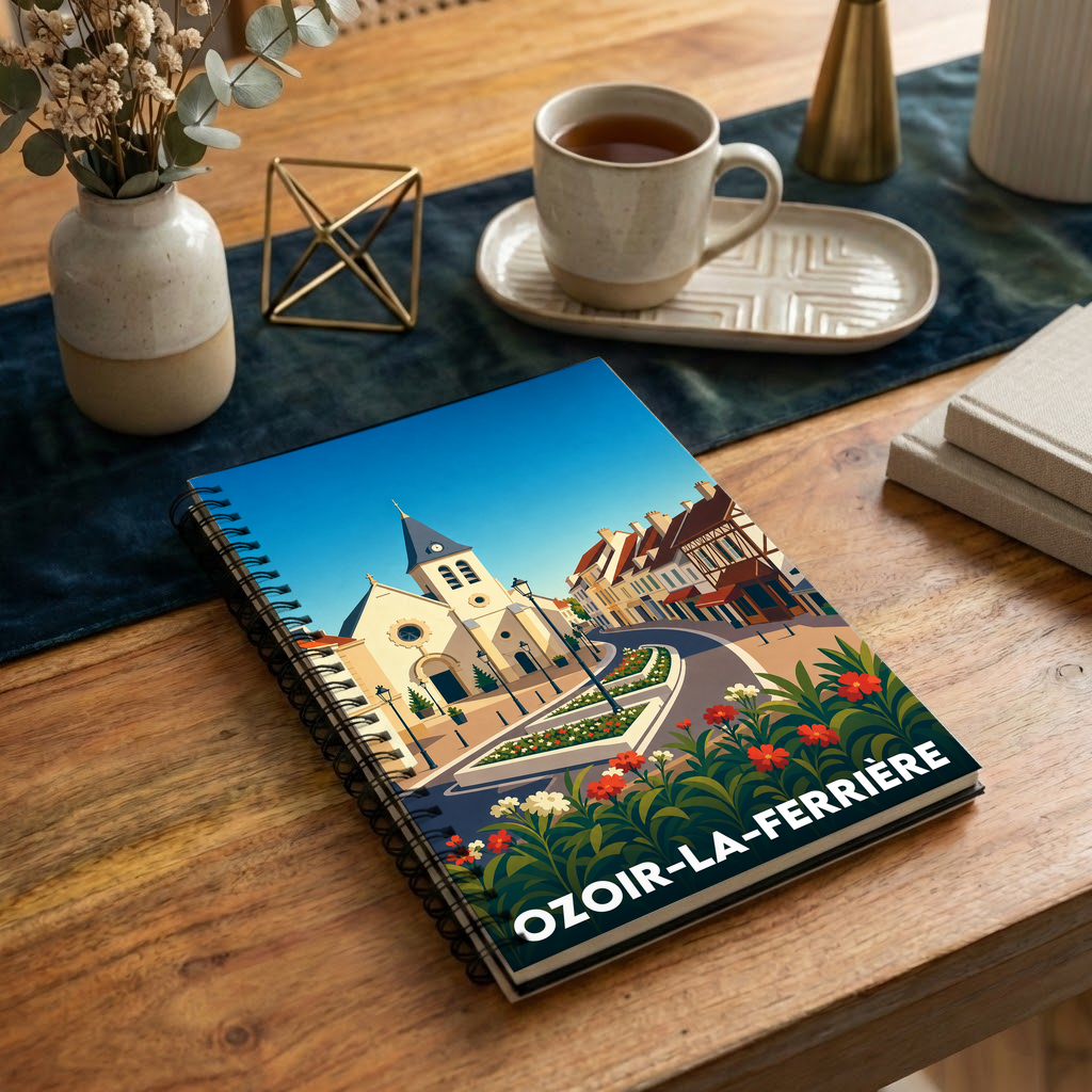 Carnet souvenir de la ville d'Ozoir-la-Ferrière avec une illustration stylisée de son église et de ses rues fleuries.