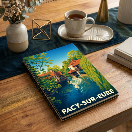 Carnet souvenir à spirale de la ville de Pacy-sur-Eure illustré d'un paysage coloré au bord de l'eau.