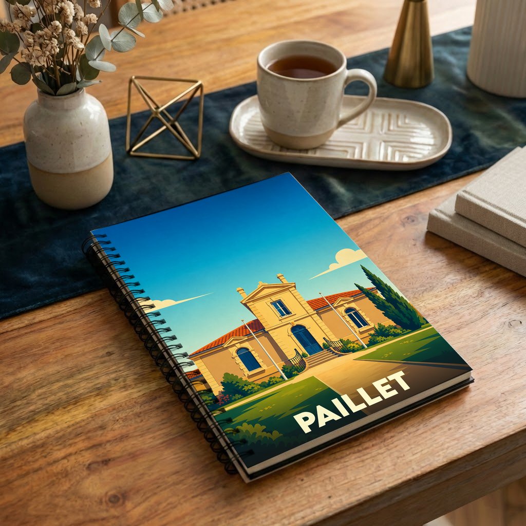 Carnet de notes à spirales souvenir de la ville de Paillet avec une illustration stylisée de sa mairie.