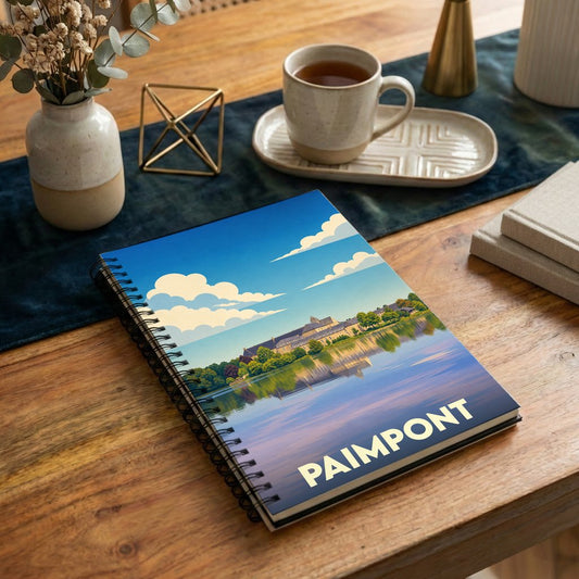 Carnet souvenir de la ville de Paimpont orné d'une illustration stylisée de son abbaye se reflétant dans l'eau.