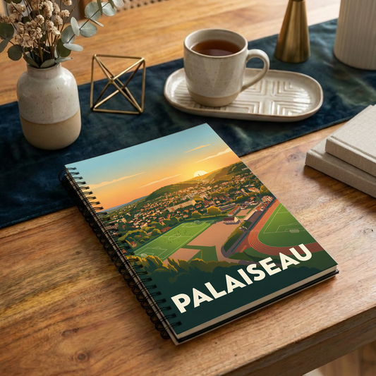 Carnet souvenir de la ville de Palaiseau avec une illustration stylisée d'un paysage urbain au coucher du soleil.