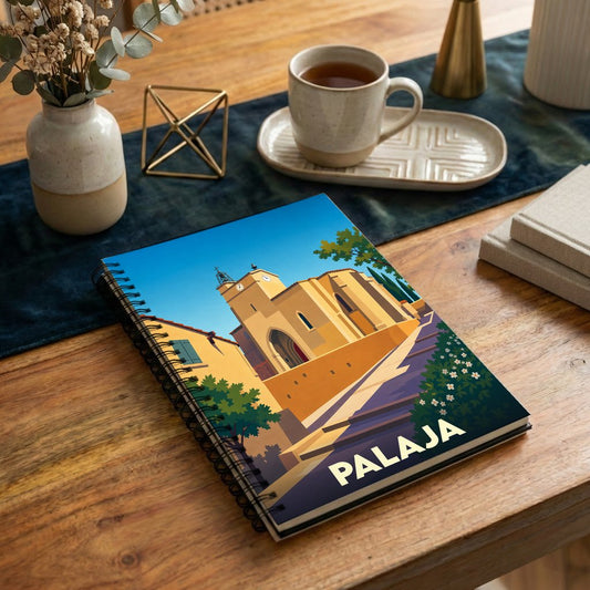 Carnet de notes souvenir de la ville de Palaja avec une illustration graphique stylisée de son église.