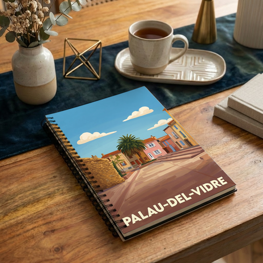 Carnet souvenir de la ville de Palau-del-Vidre avec une illustration stylisée.